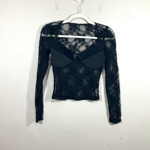 Womens Sheer Long Sleeve Lace Crop Top S Black Dark Romantic Coquette Fairy Goth